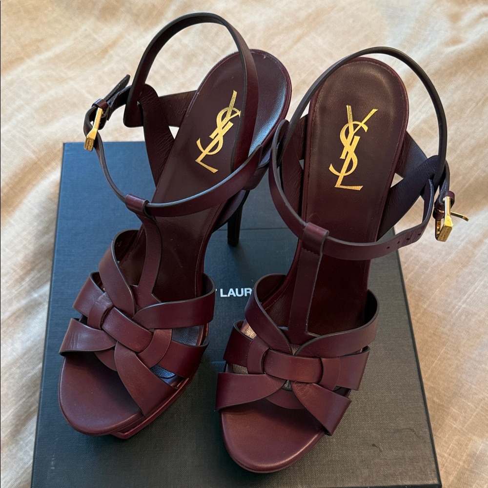 Saint Laurent Burgundy Knotted T-Strap Leather Heels - NWT